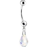 Solid 14KT White Gold Swarovski  Crystal Drop Belly Ring