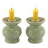 Celadon ceramic candleholders, 'Jade Bouquet' (pair)