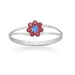 Red and Blue Crystal Flower Child's Pinkie Small Ring Sterling Silver