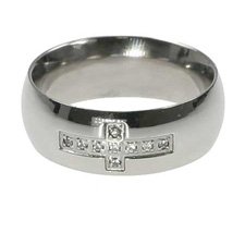 Click here to buy 316L Stainless Steel Ring with prong set cubic zirconia stones. Matte polish by ToltecTraders.com.