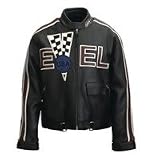 Men's Evel Knievel® Genuine Naked Cowhide Leather Checkered V Jacket Black / Blue / Red, BLK/BLUE/RED, 3XL