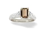 14K White Gold Genuine Emerald-cut Smoky Quartz and Diamond Ring