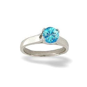14K White Gold Genuine Round Blue Topaz Solitaire Ring by Jewels For Me