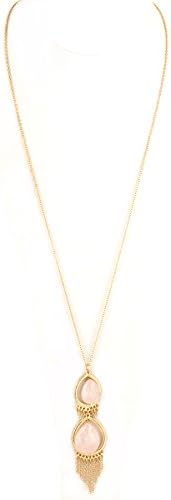 Bling Bar Semi Precious Stone Double Teardrop Necklace (GOLD-ROSE QUARTZ)
