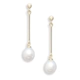 14K Yellow Gold Post Diamond Earrings with a 7.5-8mm Cultured Freshwater Rice Pearl Drop