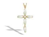 14K Yellow Gold Genuine Marquise Opal and Diamond Cross Pendant