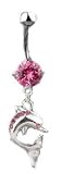 Beautiful Pink Crystal Dolphin Charm Dangle Belly/Navel Ring Silver Tone