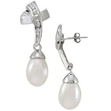 14k Pearl and Diamond Ribbon Drop Earrings