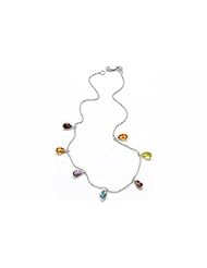 14K White Gold Beaded Diamond Cut 10" Anklet Bracelet, set with multi-colored dangling semi-precious stones