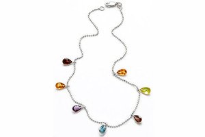 14K White Gold Beaded Diamond Cut 10 Anklet Bracelet, set with multi-colored dangling semi-precious stones