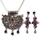 Earring and Pendant Sets Sterling Silver With Garnet Gemstones Jewelry Hand Engraved Indian Style 52 gms.