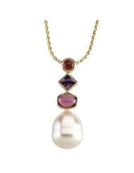 14K White Gold 12.00mm/05.00mm/05.00mm/8X6mm South Sea Cultured Pearl, Genuine Pink Tourmaline, Genuine Amethyst, And Genuine Rhodolite Garnet Pendant
