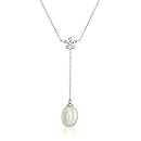14k White Gold 7.5-8.0mm Cultured Freshwater Pearl with Diamonds Y-Shaped Necklace