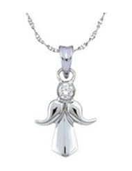 14k White Gold Guardian Angel Round Natural Diamond Solitaire Womens Ladies Fashion Charm Pendant with 18" Chain - .05 (1/20) Ct.t.w.