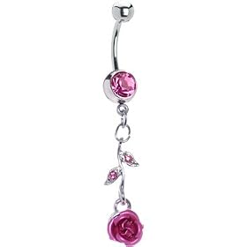 Pink LONG STEM ROSE Gem Dangle Belly Ring