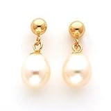 14k 7-7.5mm Pear Shaped White Pearl Drop Post Earrings