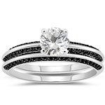 0.66 Cts Black Diamond & 0.66 Cts Black Diamond & 1.01 Cts White Sapphire Engagement & Wedding Ring Set in 14K White Gold