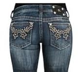 Womens Miss Me Jeans Dark Wash Brown/White Floral Design Boot Cut Designer Jeans Open Pocket with Crystal Accents
