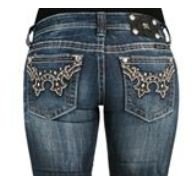 Womens Miss Me Jeans Dark Wash Brown White Floral Design Boot Cut Designer Jeans Open Pocket with Crystal Accents product image