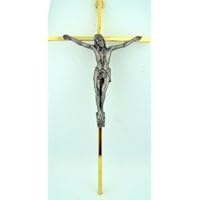 10' Polished Gold Brass Wall Cross Detailed Silver Corpus Jesus Christ Crucifix