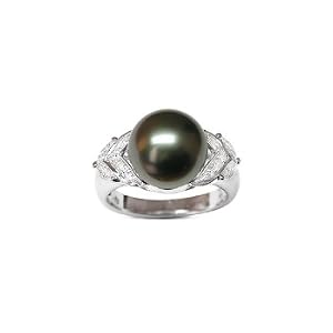 Size 5 18K white gold Elaine Black Tahitian south sea cultured pearl and... by American Pearl