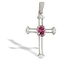 14K White Gold Genuine Oval Pink Tourmaline and Diamond Cross Pendant