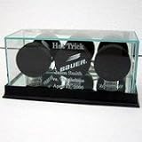 Glass Triple Hockey Puck Display Case with Cherry Wood Molding