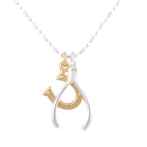 WISH FOR LUCK Lucky Horseshoe and Wishbone Pendants in Sterling Silver and Gold Vermeil on a 16" Sterling Bead Bar Chain, #8021