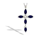 14K White Gold Genuine Marquise Sapphire and Diamond Cross Pendant