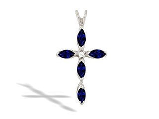 14K White Gold Genuine Marquise Sapphire and Diamond Cross Pendant