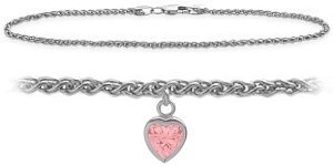 10K White Gold 10 Inch Wheat Anklet with Created Tourmaline Heart Charm