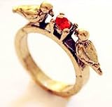 Vintage jewelry two birds lover red crystal ring kitsch art deco bronze