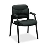 Basyx Products - Guest Chair, With Arms, 24-1/2"x28-1/4"x35-1/4", Black Leather - Sold as 1 EA - Guest chair is upholstered in black leather with pleated stitching detail. Black steel tube frame includes a sled base and loop-style arms. Seat measures 22" wide x 19-1/2" deep x 21" high from the floor. Back size is 21-1/4" x 18" high from seat. Distance between arms is 18-1/2". Chair weighs 28 lb.