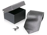 Bold Silver Gray Matching 100% Silk Necktie Tie and Cufflinks in Gift Box