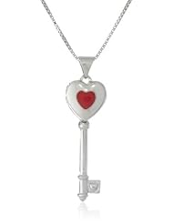 Sterling Silver Red Enamel Heart Key Pendant Necklace