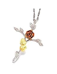 Beautiful! Sterling Silver Cross with 12K Red Rose and 12K Green Leaves Pendant