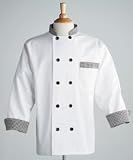 White w/Houndstooth Trim, 10 Button Chef Coat w/Thermometer Pocket, Large