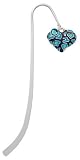 Hot Blue Enamel Cheetah Print Heart Silver Plated Charm Bookmark with Blue Zircon Swarovski Drop