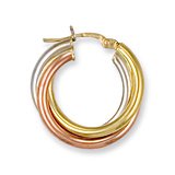 Jewelco London 9ct Yellow, White and Rose gold Russian wedding Ring design Twisted hoop earrings ( 3.3g )