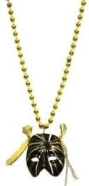 Mardi Gras Beads - Throw, 2 Dozen Bag, 24pc, NFL New Orleans Saints Necklace, Black & Gold, 33in 7mm Round Metallic Gold Beads w/ Black/ Gold/ Silver Striped Mask w/ Gold Lace Mask Size 2 1/2in Tall x 2in Wide