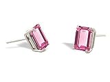 14K White Gold Emerald-cut Created Pink Sapphire Stud Earrings