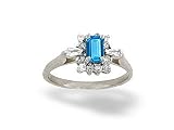 14K White Gold Genuine Emerald-cut Blue Topaz and Diamond Ring