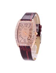 Lady Rhinestone Quartz Movement Watch with Rectangle Dial/PU Leather Band/Big Scale-Dark red band - JUST ARRIVE...