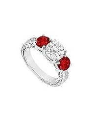 Three Stone Ruby and Diamond Ring : 14K White Gold - 1.50 CT TGW