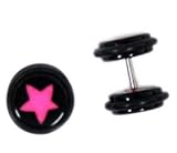 Screw On Cheater Plugs - Acrylic Pink Star on Black Fake Plug (Small Gauge) - Fashion Earrings