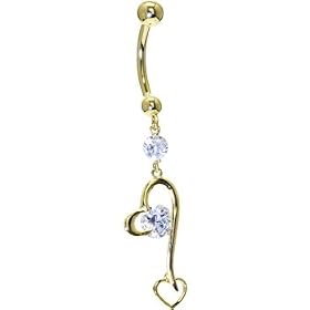Solid 14KT Yellow Gold Cubic Zirconia HEART FANTASY Dangle Belly Ring by 