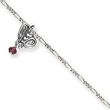 Sterling Silver Dark Pink Crystals Butterflies Figaro Anklet - 10 Inch