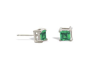 14K White Gold Genuine Square Emerald Stud Earrings