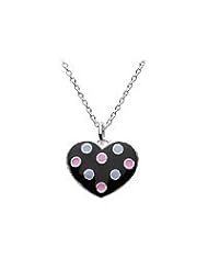 Silver Black Polka Dot Heart Pendant Kids Necklace (14 or 16 Inches)