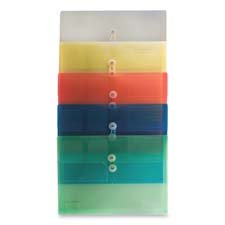 Anglers Company Ltd. Products - String/Button Poly Envelope Clsr., Side Opening, Ltr, 4/PK, Asst - Sold as 1 PK - Expanding polypropylene envelopes are resistant to moisture, tears and stains. All envelopes come complete with ID pocket and card for easy identification of contents.